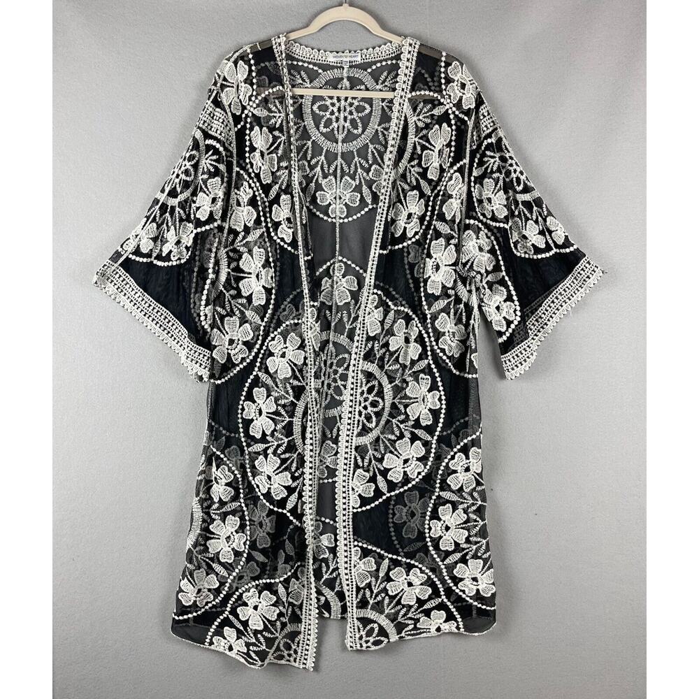 Woven Heart Long Cardigan Womens One Size Embroidered Sheer Boho Peasant Fairyโ